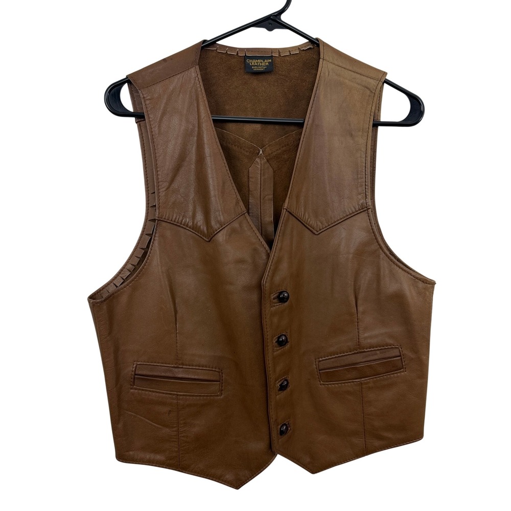 Champlain Leather Vest Mens Brown Western Biker Cowboy Waistcoat Vtg USA Vermont